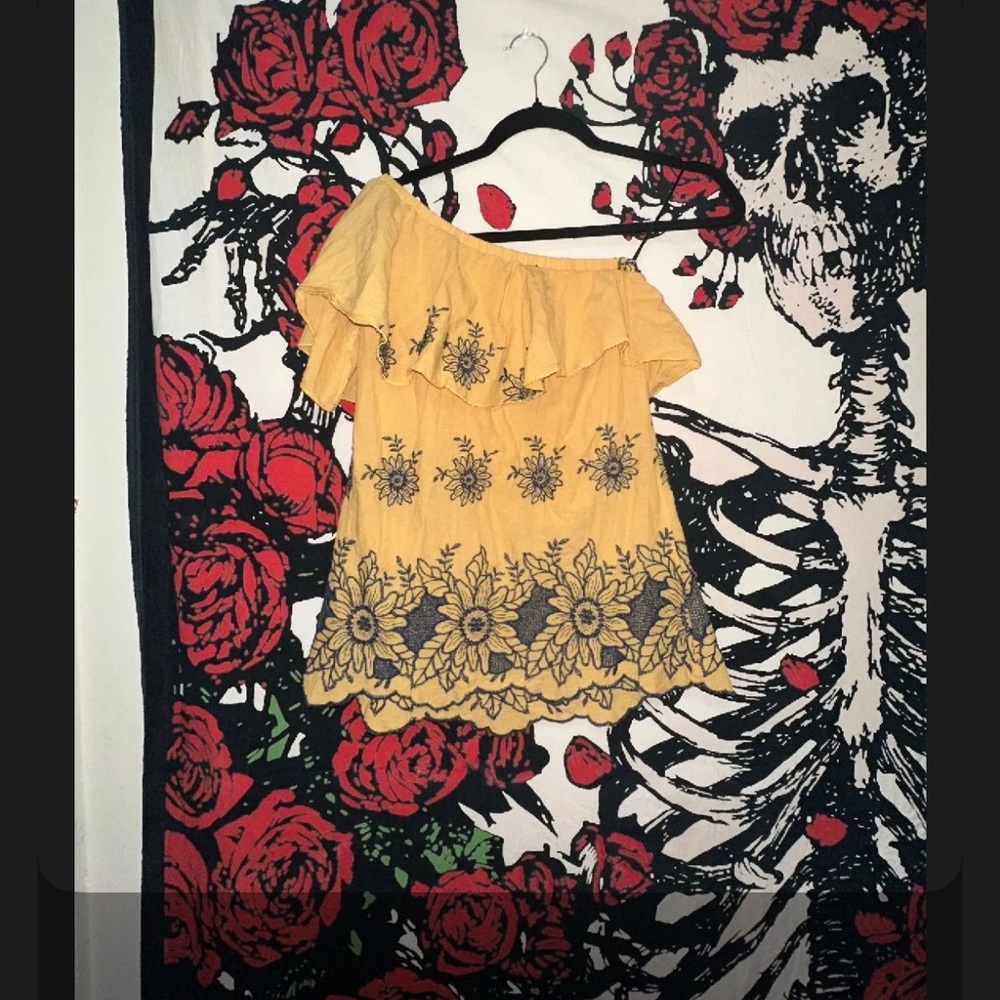 Mustard Yellow Off-Shoulder Floral Embroidered Blouse